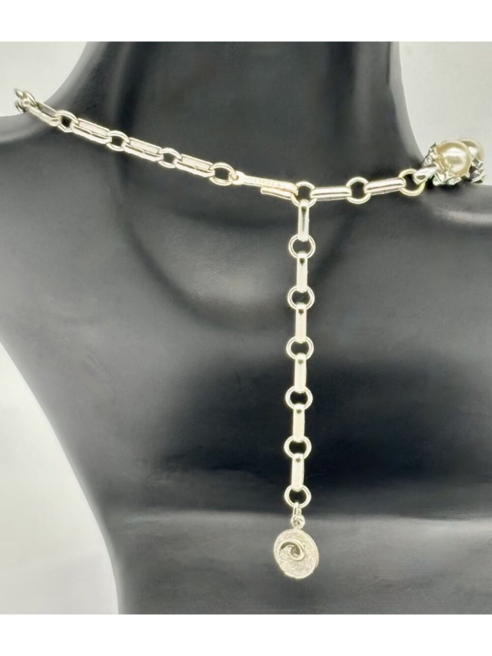 Vintage Lisner Choker Faux Pearl Pave Rhinestone W/Silver-Tone Adjustable Signed - Picture 7 of 16